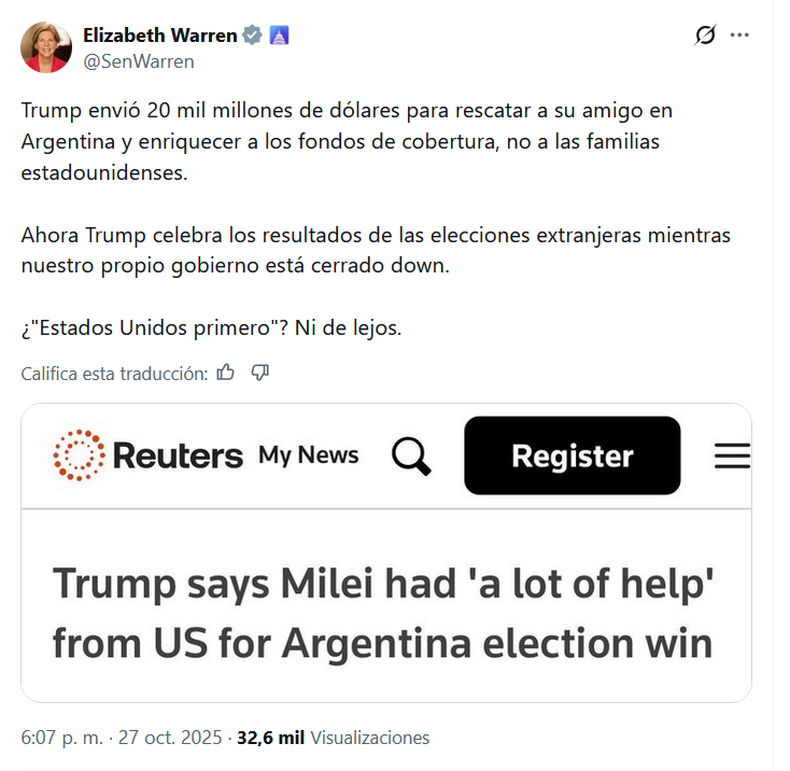 Elizabeth Warren criticó a Donald Trump por su apoyo a Javier Milei.