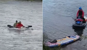 Los hombres remaban con tablas de Stand Up Paddle (SUP).