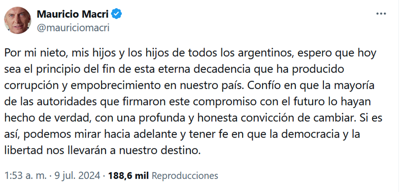 El mensaje de Mauricio Macri después de la firma del Pacto de Mayo: "el fin de la eterna decadencia"