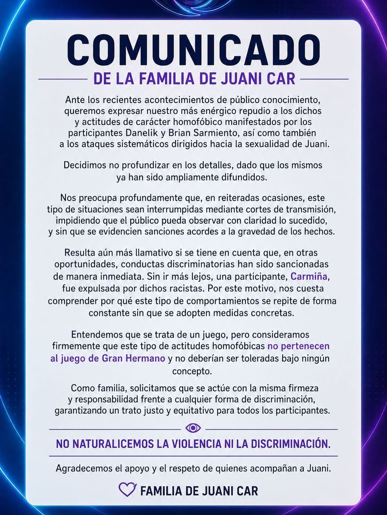 El contundente comunicado de la familia de Juanicar. 