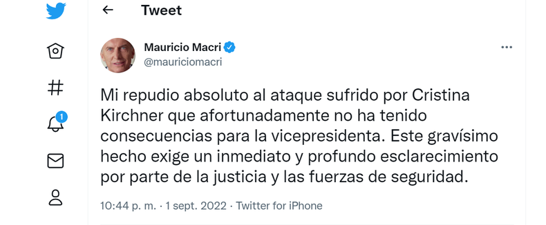 Macri repudió el intento de magnicidio.