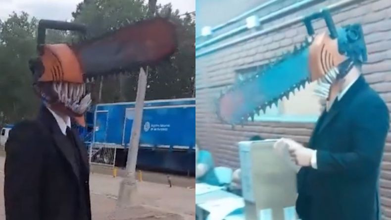 Un hombre votó con una motosierra en la cabeza.