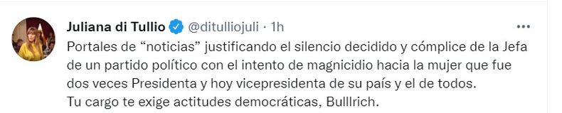 Atentado contra Cristina Kirchner: Juliana Di Tullio cruzó a Patricia Bullrich por su "silencio cómplice"