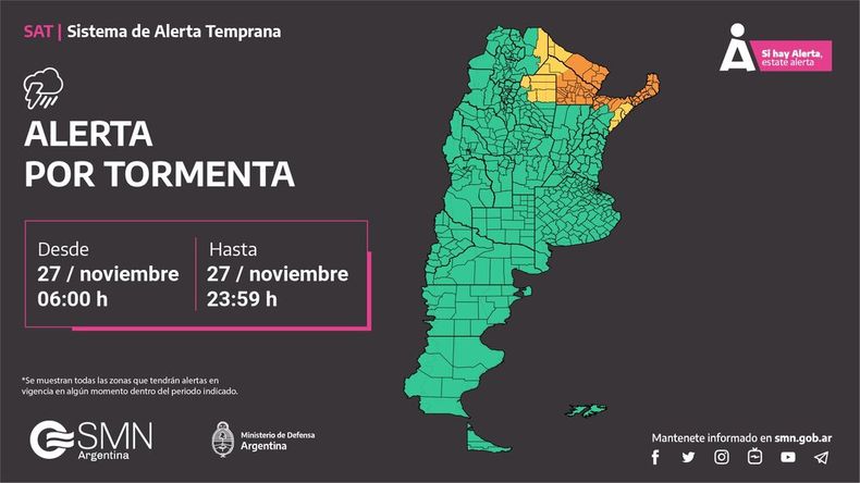 El noreste del país registrará tormentas localmente fuertes con posible caída de granizo.