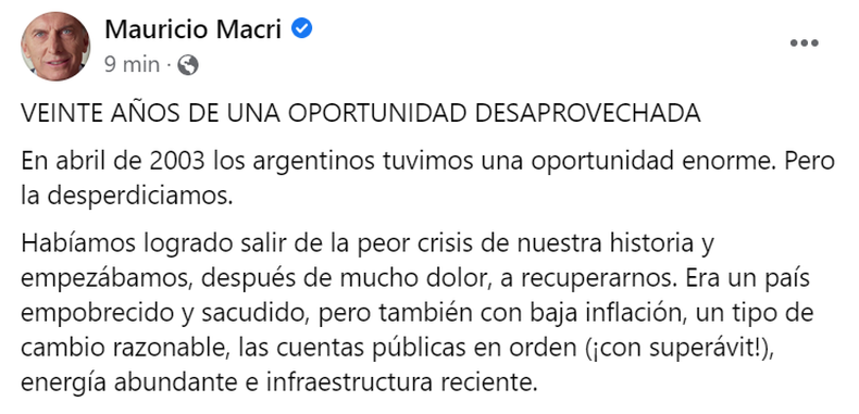 Un fragmento de la carta publicada por Mauricio Macri en su Facebook