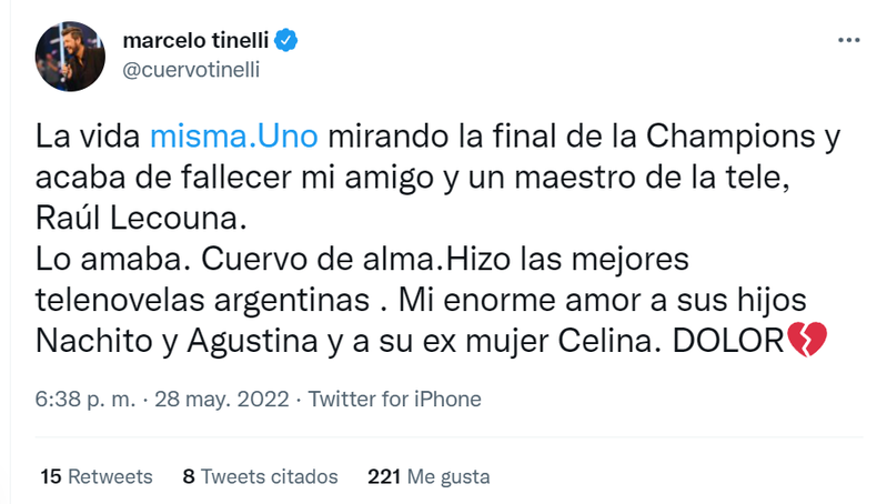 El conductor se lamentó por la muerte de Lecouna en sus redes sociales.