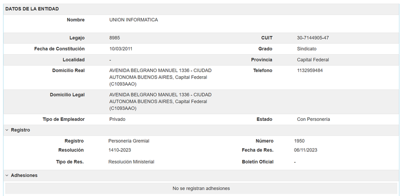 La personería gremial de UI en el sitio web de la Secretaría de Trabajo.
