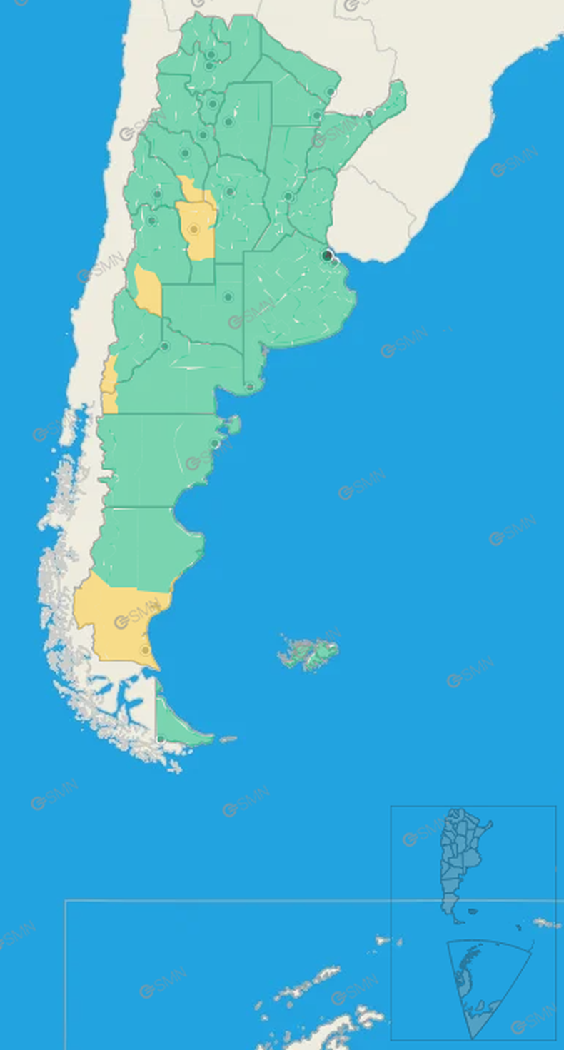 Siete provincias bajo alerta amarilla del Servicio Meteorológico Nacional.