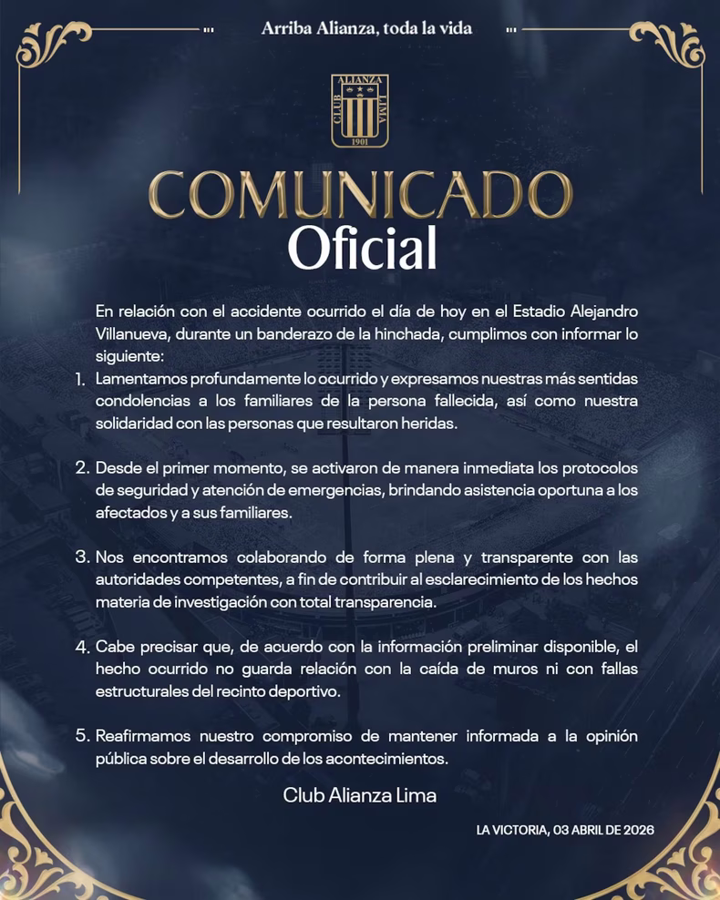 El comunicado de Alianza Lima tras la tragedia  