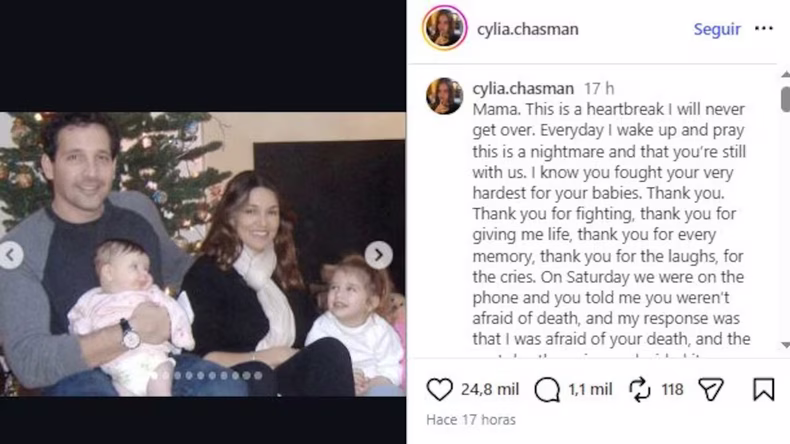 El posteo de la hija de Nadia para dar a conocer su muerte.