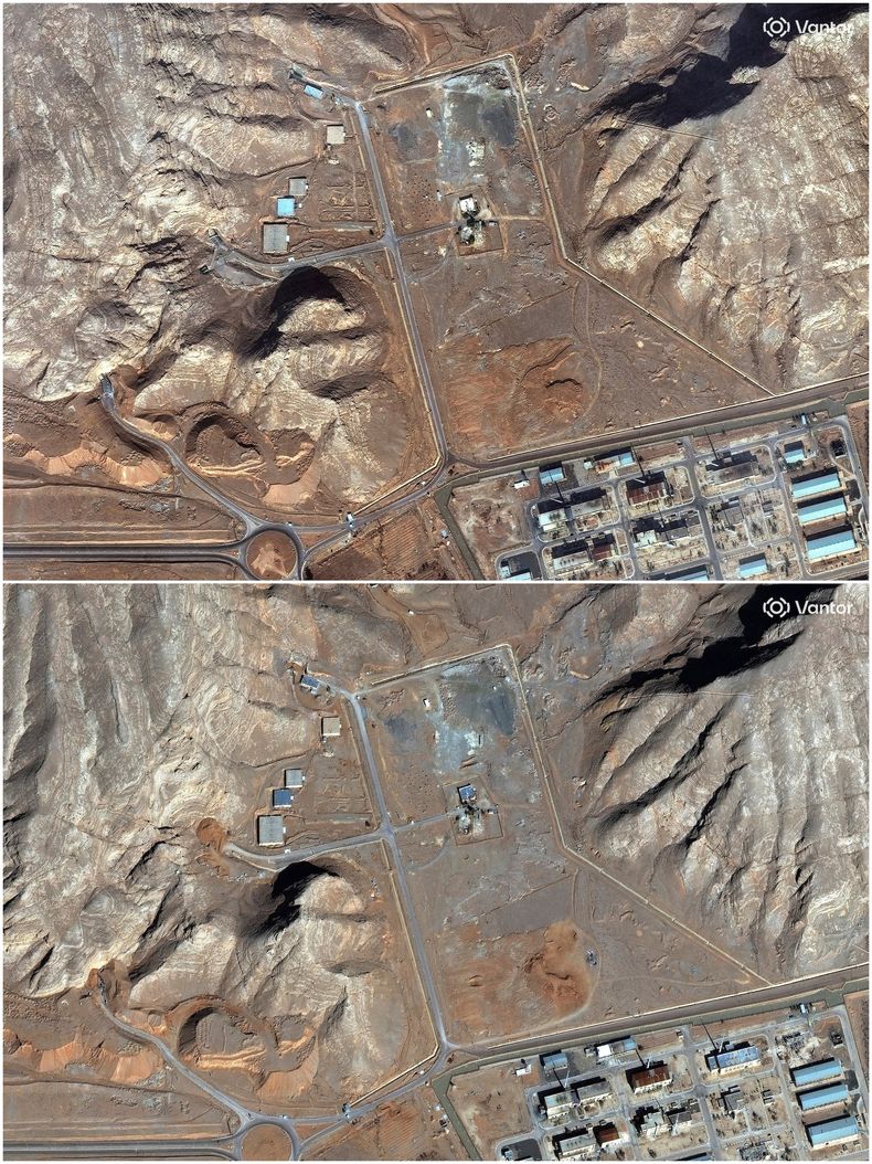 La foto satelital superior permite ver los túneles de entrada de las instalaciones nucleares de Isfahán antes de ser selladas con tierra, a fines de 2025. La imagen inferior muestra el midmo sitio luego de completar el sellado.
