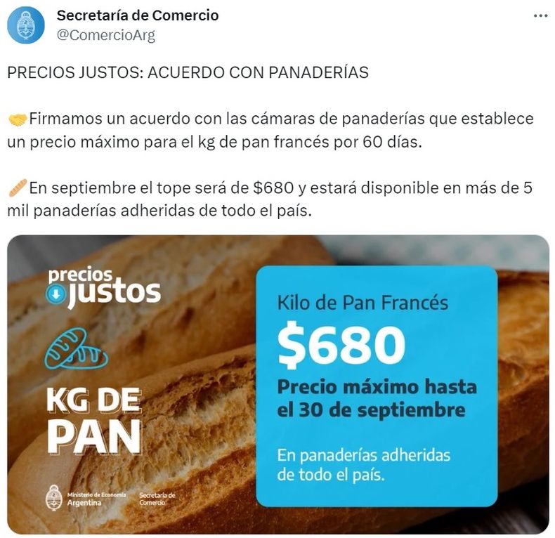 El Gobierno acordó con empresarios un tope de precios para el pan por 60 días