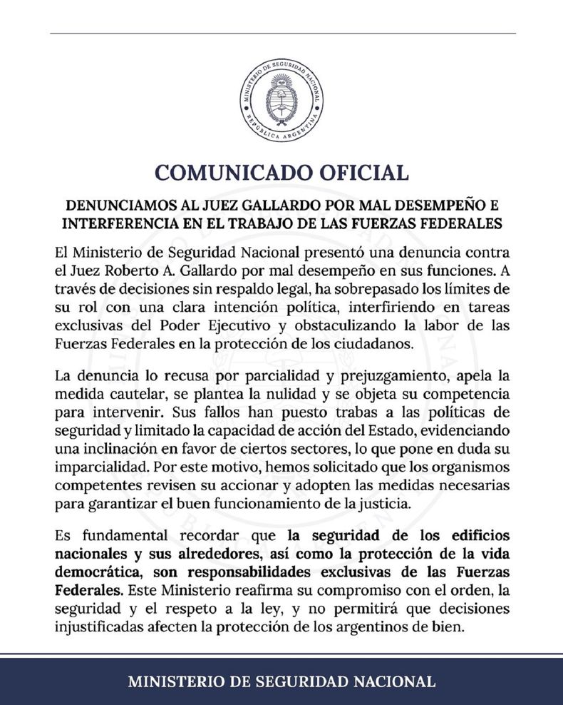 El comunicado del Ministerio de Seguridad.