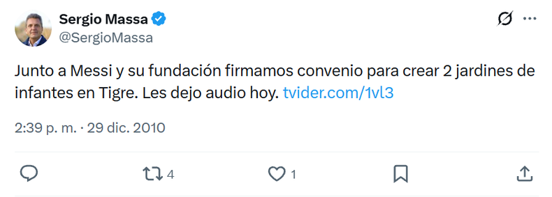 El tuit de Sergio Massa en 2010 anunciando el acuerdo con la Fundación Messi.