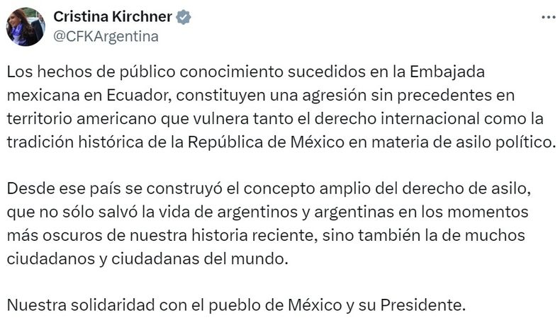 Cristina Kirchner se solidarizó con el pueblo mexicano tras lo ocurrido en Ecuador