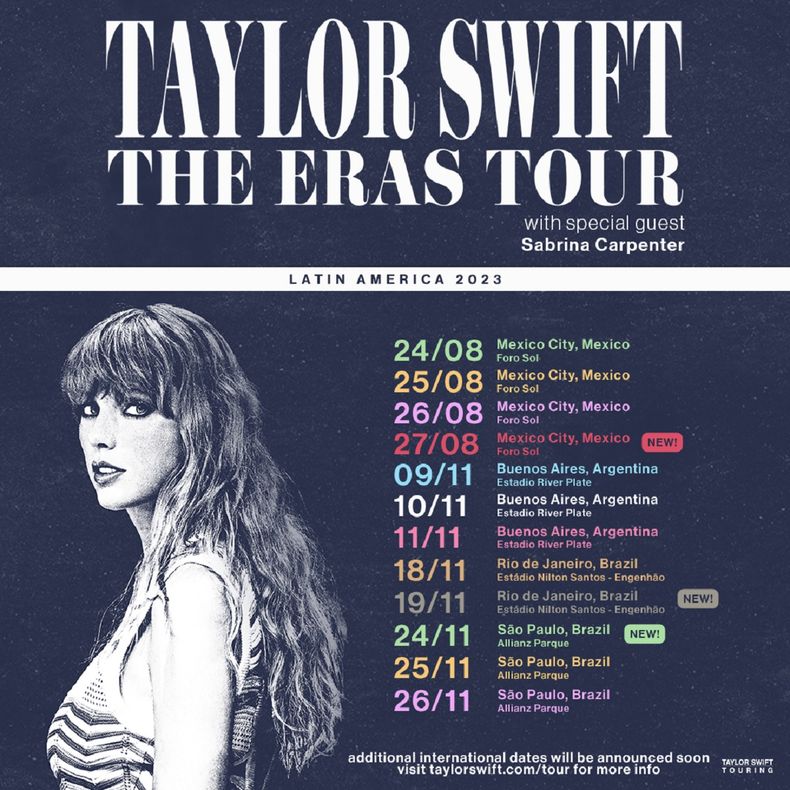 El anuncio oficial de las nuevas fechas de Taylor Swift en Latinoamérica.
