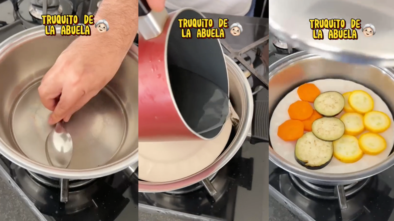 Colocar las cucharas cruzadas en la olla es el primer paso para improvisar un sistema de cocción al vapor.