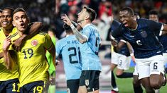 Borré (Colombia), Vecino (Uruguay) y Pacho (Ecuador) festejan sus goles. Borré (Colombia), Vecino (Uruguay) y Pacho (Ecuador) festejan sus goles.