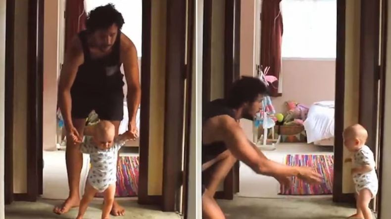 Viral: la particular manera que un padre eligió para enseñarle a caminar a su hijo.