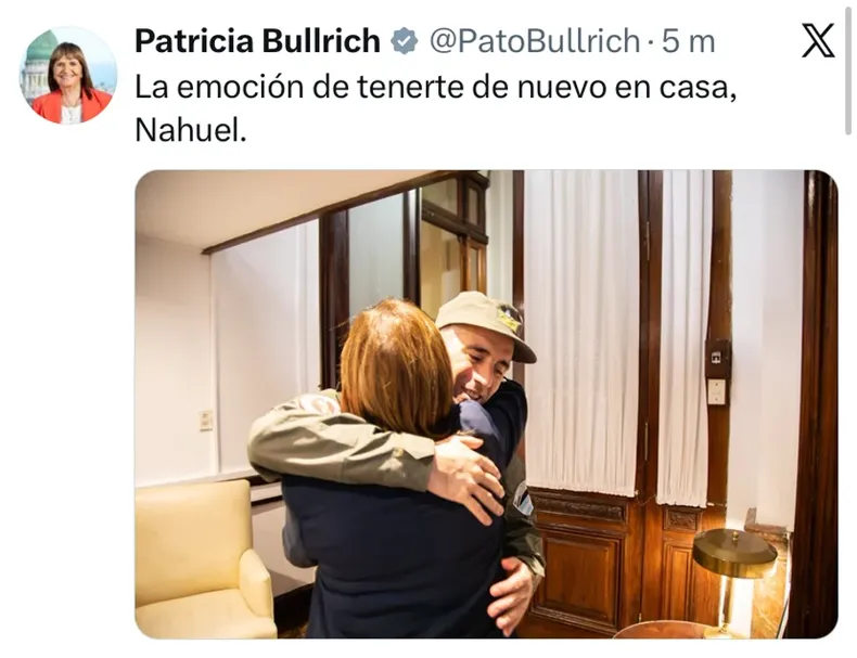 La imagen del abrazo con Nahuel Gallo que compartió Bullrich en X.