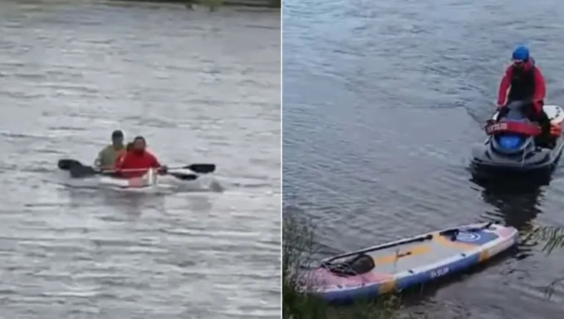 Los hombres remaban con tablas de Stand Up Paddle (SUP).
