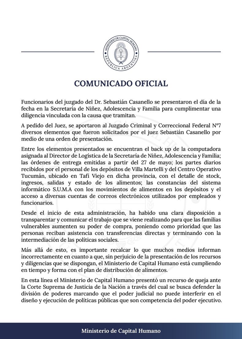 El comunicado del Ministerio de Capital Humano.