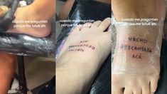 La mujer mostró el proceso del grabado de la frase en su pie. La mujer mostró el proceso del grabado de la frase en su pie.