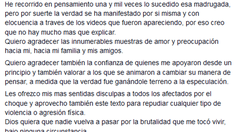 En una carta, Chano pidió disculpas y expresó repudio: Que nadie vuelva a pasar por esta brutalidad En una carta, Chano pidió disculpas y expresó repudio: Que nadie vuelva a pasar por esta brutalidad