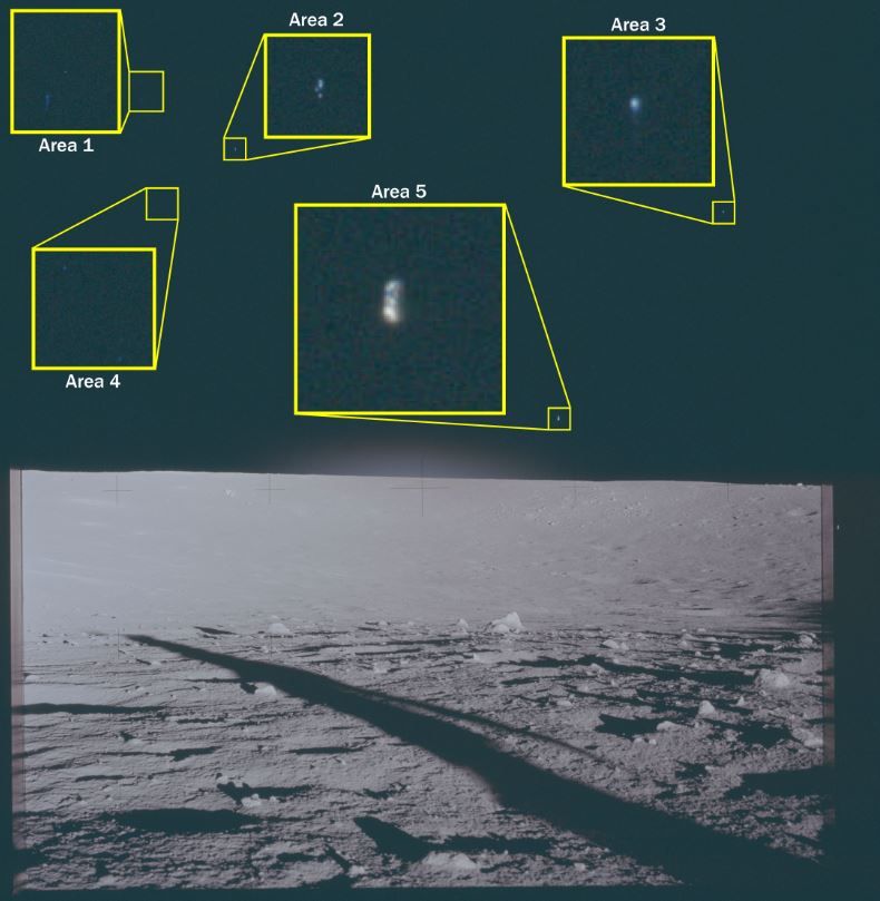 Esta fotografía de archivo muestra la superficie lunar vista desde el lugar de aterrizaje del Apolo 12. La imagen presenta cinco áreas de interés resaltadas, etiquetadas como «Área 1» a «Área 5», sobre el horizonte, donde se observan fenómenos no identificados.