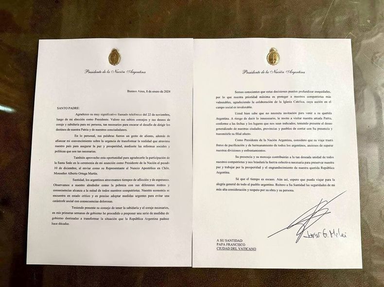 La carta al papa Francisco firmada por el presidente Javier Milei.