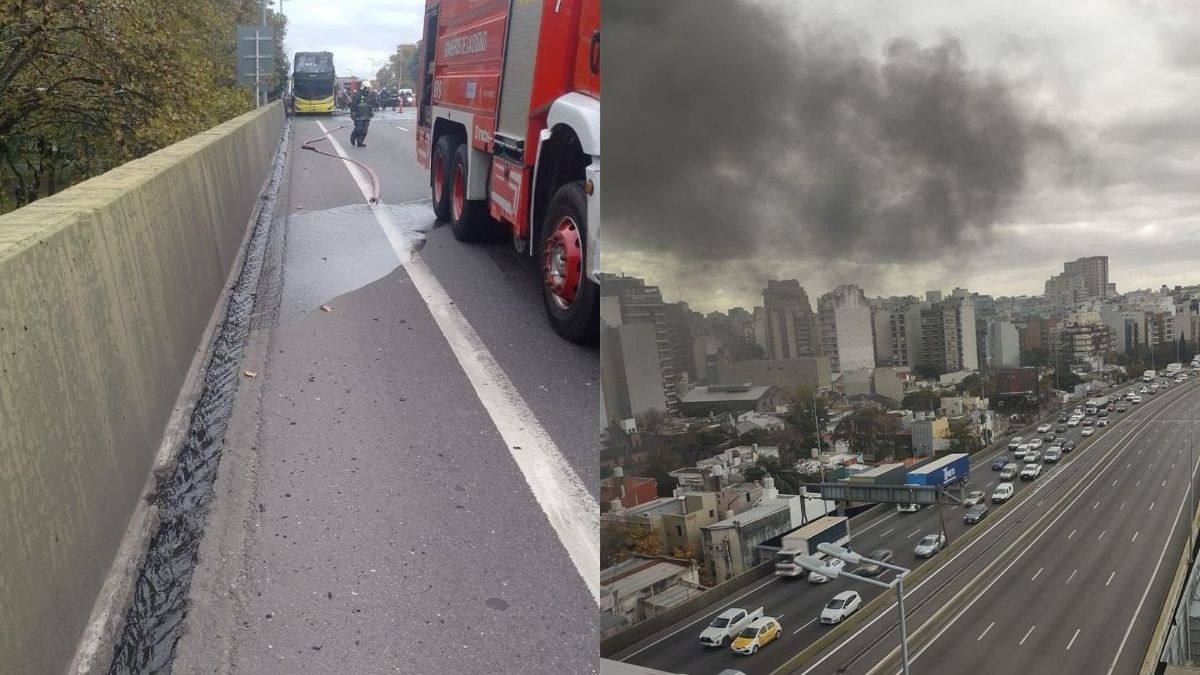 Se incendió un micro en la Autopista 25 de Mayo: dos personas fueron trasladadas