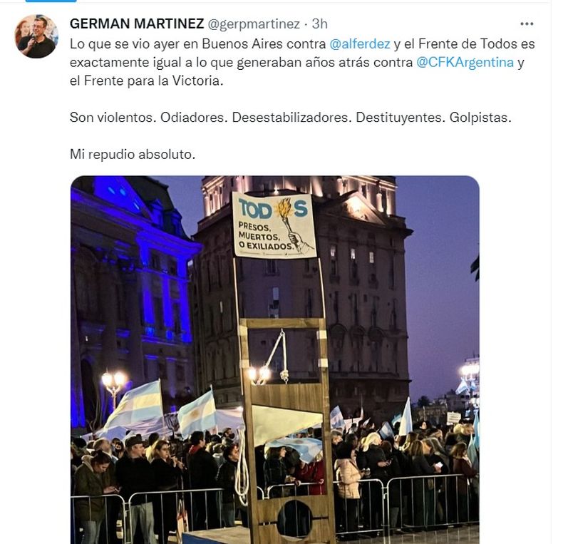 Germán Martínez tildó de "golpista y violenta" a la manifestación de la derecha en Plaza de Mayo