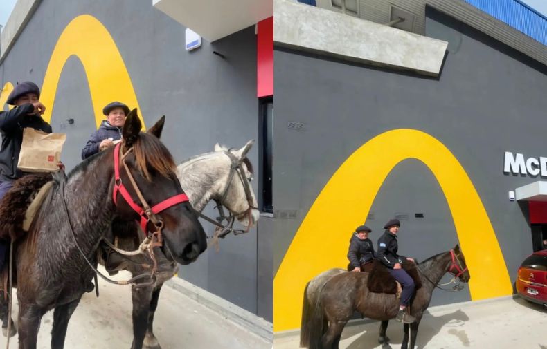 Vecinos a caballo en el local de Mc Donalds en Junín.