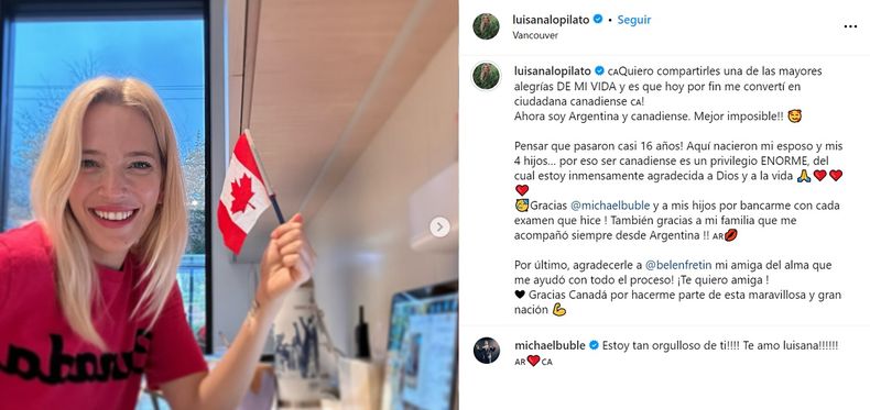 Luisana Lopilato sorprendi&oacute; al revelar que consigui&oacute; la ciudadan&iacute;a canadiense.