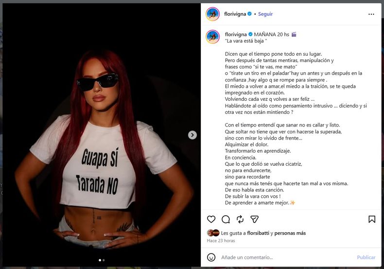 Publicación de Flor Vigna para promocionar su canción La vara está baja.