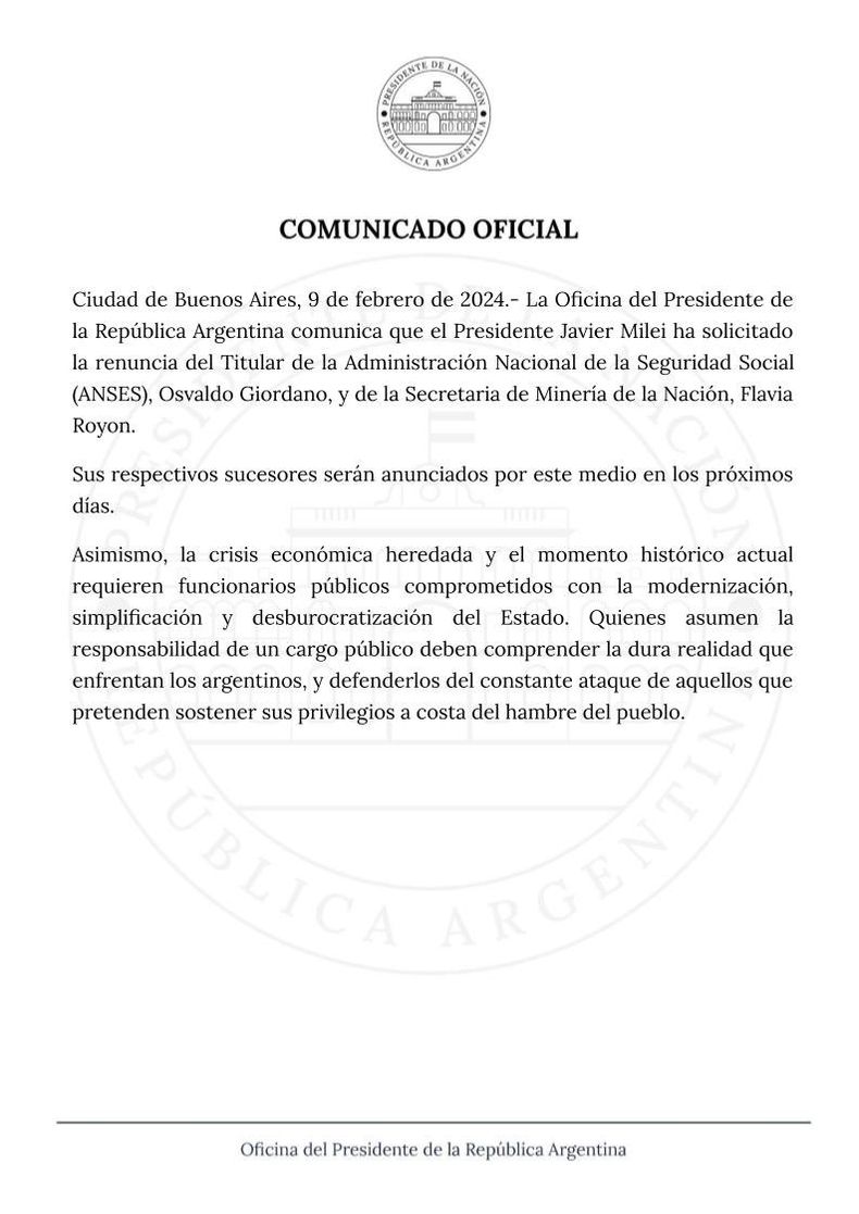El comunicado por el que Javier Milei pidió la renuncia de Flavia Royon y Osvaldo Giordano.