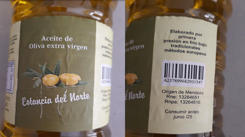  “Aceite de oliva Virgen Extra de Primera presión en frio, marca Estancia del Norte, Contenido Neto 1 Litro, Vencimiento: Junio 2025, RNE: 13-284651, RNPA: 13-264816, Procedencia Mendoza”.