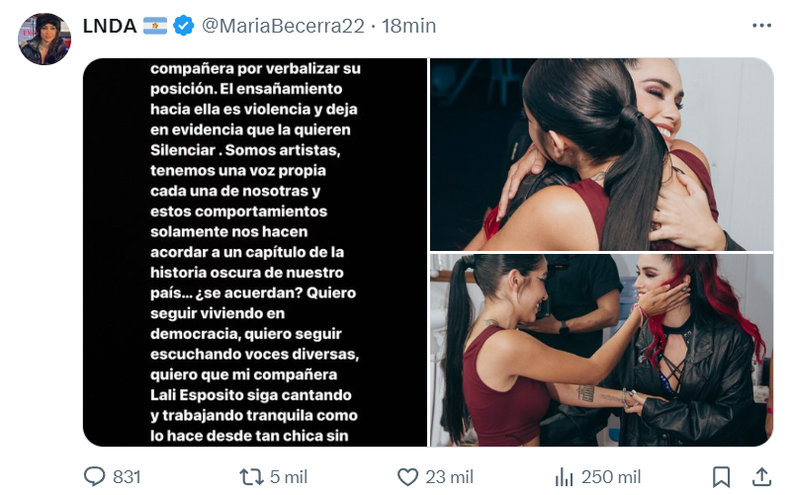 El durísimo mensaje de María Becerra por el ataque de Javier Milei a Lali Espósito: "El ensañamiento hacia ella es violencia"