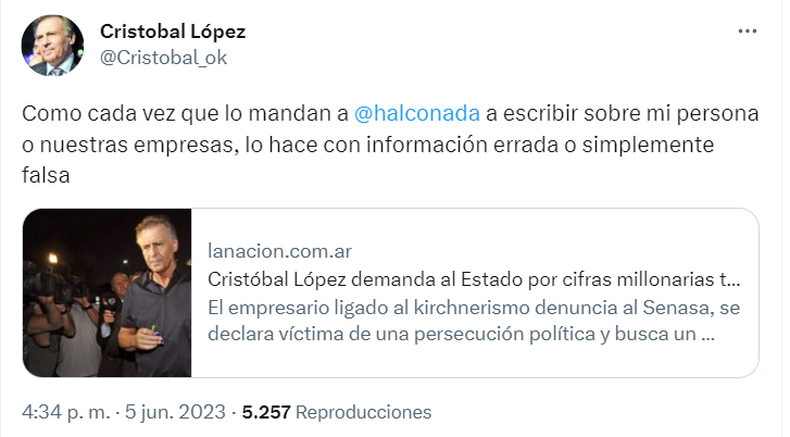 Cristóbal López cruzó a Alconada Mon por otra mentira en La Nación