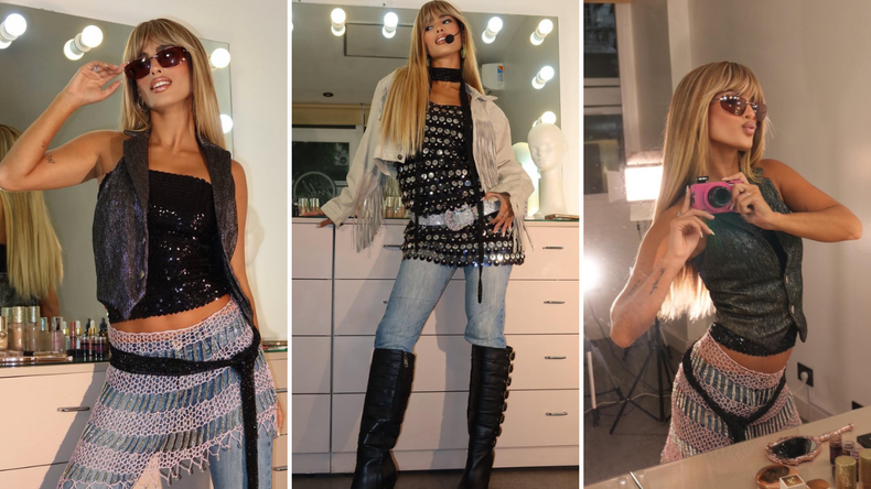 Juli Poggio apostó por la superposición de prendas y accesorios brillantes para construir una imagen fiel al estilo Y2K.