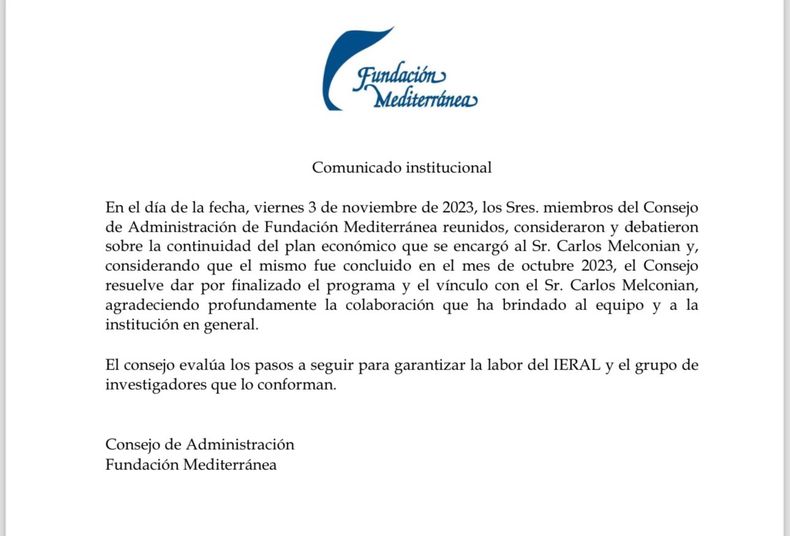 ¡LE SOLTARON LA MANO! La Fundación Mediterránea anunció que deja de trabajar con Carlos Melconian