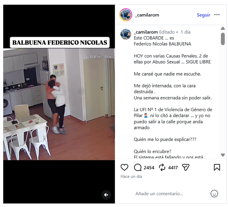 La publicación realizada por la denunciante en Instagram para visibilizar su caso.