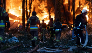 Bomberos trabajan para extinguir el fuego causado por el impacto de drones.&nbsp;