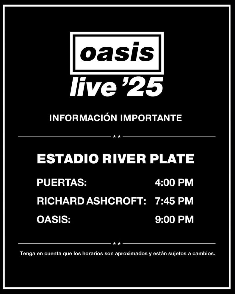 DF Entertainment confirmó los horarios del Oasis Live '25 Tour en River.