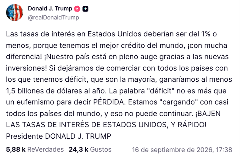 La publicación de Donald Trump en su red social sobre el aumento de la tasa de interés. Traducido por Google.