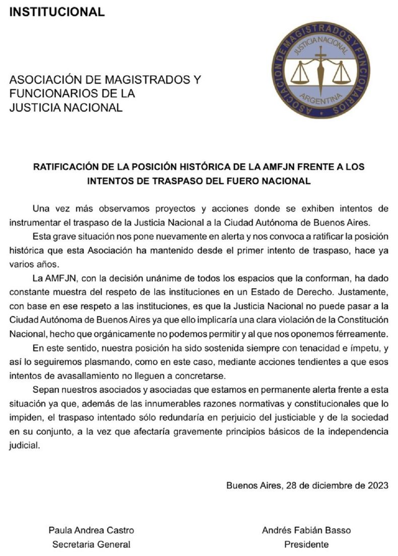 El comunicado de la Asociaci&oacute;n de Magistrados y Funcionarios de la Justicia Nacional.