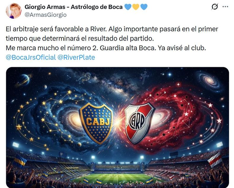 Captura de la cuenta Giorgio Armas - Astrólogo de Boca @ArmasGiorgio.