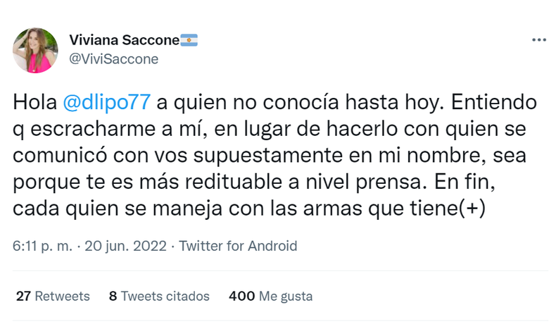 La artista desconoció el pedido de la cena al cocinero en Twitter.