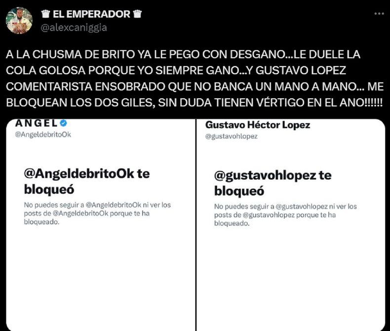 El fuerte mensaje de Alex Caniggia en contra de &Aacute;ngel De Brito y Gustavo L&oacute;pez.