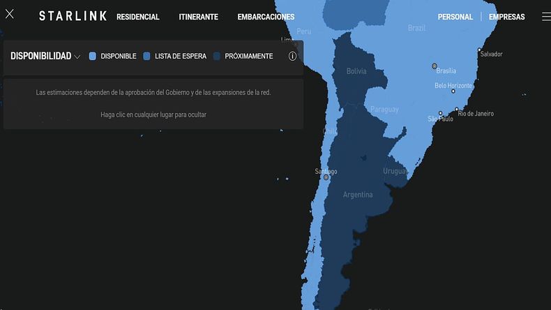 El mapa adelanta que el servicio estará próximamente disponible en la Argentina.